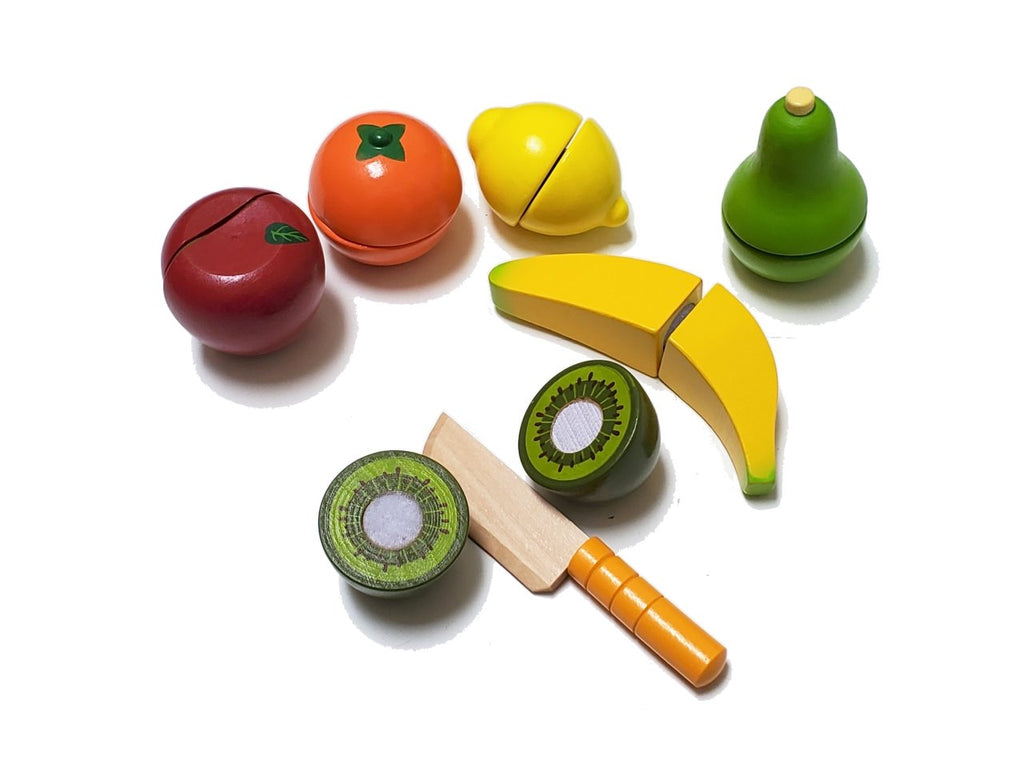 Wooden Cutting Fruit Vegetables Set for Kids - Pretend Play Food Toy Set  with Wooden Knife and Tray Learning Toys for Toddlers (Fruit-E)